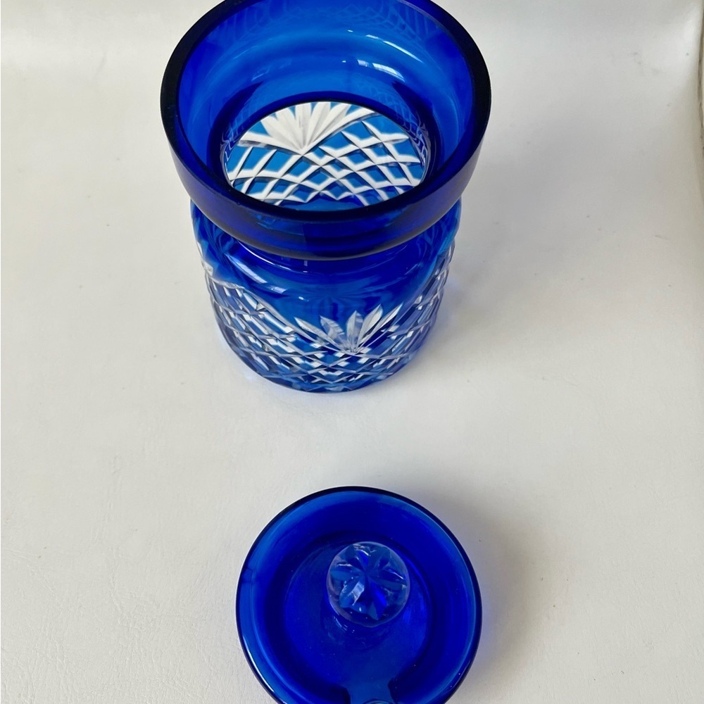 Cobalt Blue Cut To Clear Crystal Biscuit Jar - Picture 6 of 11